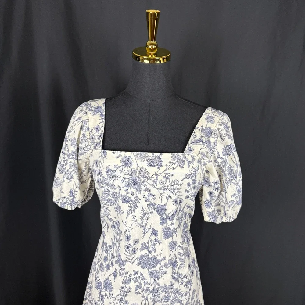 Just Found Blue & White Toile Cottagecore Prairie Dress Open Back Midi, size M - Picture 2 of 15